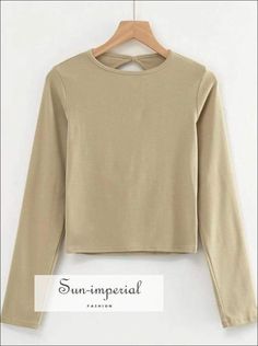 Women Khaki Cutout back Long Sleeved Cropped top T-shirt Cheap Beige Tops With Pockets, Cheap Casual Solid Long Sleeve Top, Cheap Solid Long Sleeve Top For Summer, Cheap Cropped Blouse For Fall, Cheap Solid Tops With Seamless Construction, Cheap Trendy Tops In Solid Color, Tshirts For Women Casual Long Sleeve, Cheap Casual Crop Top For Daywear, Cheap Beige Tops For Daywear