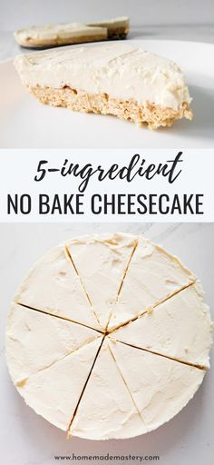 the ingredients for no bake cheesecake on a white plate with text overlay