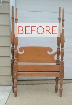 a wooden bench sitting in front of a garage door with the words before painted on it