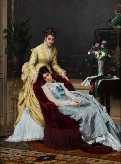 a painting of two women in formal dress sitting on a red velvet chair and one is touching the back of another woman's head