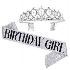 a tiara and two combs with the words birthday girl on it are shown