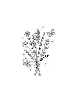 Fine Line Flower Drawings, Small Flower Doodles, Womens Tattoo Designs, Bouquet Of Flowers Drawing, Flower Butterfly Tattoo, Flower Bouquet Drawing, Line Art Flowers, Bouquet Tattoo, Small Pretty Tattoos