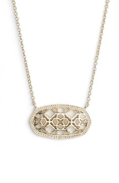 A glistening openwork pendant accented with delicate quatrefoils anchors a versatile necklace on a slender cable chain. 16" length; 2" extender; 1/2"W x 1"L pendant. Lobster clasp closure. 14k-yellow gold, rose gold or silver plate. By Kendra Scott; imported. Trending Necklaces For Teens, Preppy Kendra Scott Necklaces, Kendra Scoot Necklace, Kendra Scott Gold Pendant Necklace, Pendant Necklace Kendra Scott, Kendra Scott Clove Necklace, Kendra Scott Necklace Drusy, Kendra Scott Merrick Chain, Kendrascott Necklace