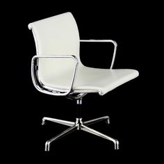 an office chair with white leather upholstered and chromed arms, viewed from the front