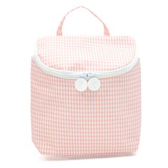 a pink and white gingham lunch bag