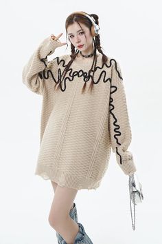 Apricot Line Knitted Sweater
Fabric: Acrylic, Viscose




Size/cm


Bust


Shoulder


Sleeve


Length




M


120


58


50


68




L


124


60


51


70




XL


128


62


52


72




2XL


132


64


53


74




 

 	The above size is manually measured by “tiling-stretching”, there may be an error of 1-3cm!
 	The size is for reference only, please choose according to your size.
 	It is recommended to wash by hand in cold water, not soaking, and avoid mixing dark and light clothes to ca Trendy Oversized Acrylic Sweater, Textured Knit Long Sleeve Sweater Dress, Spring Chunky Knit Crew Neck Sweater, Knit Sweater For Fall Streetwear, Oversized Textured Knit Acrylic Sweater, Casual Beige Acrylic Sweater, Trendy Oversized Knit Sweater, Trendy Knitted Crew Neck Outerwear, Long Sleeve Knitted Sweater For Streetwear