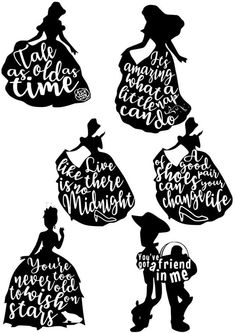 the silhouettes of disney princesses are shown in black and white, with hand lettering