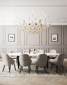 a dining room table with chairs and a chandelier