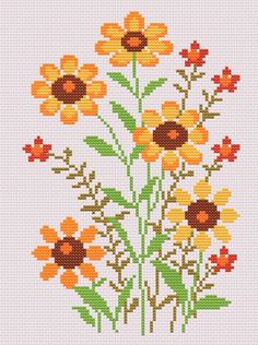 a cross stitch pattern with yellow and orange flowers