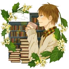 a man holding a cup in front of a book shelf filled with books and flowers