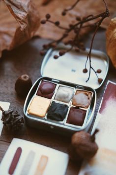 an assortment of chocolates in a tin on a table with autumn leaves and pine cones