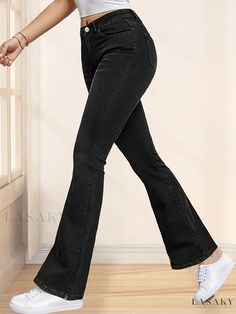 Lasaky - Womens High Stretch Slim Fit Bootcut Jeans with Slant Pockets: Versatile Denim Pants Casual Full Length Non-stretch Flare Jeans, Trendy Stretch Flare Jeans With Standard Leg, Black Flare Denim Pants, Non-stretch Flare Jeans For Fall, Black Casual Flare Jeans, Casual Flare Pants With Five Pockets, Flare Leg Pants, Style Preppy, Pant Length