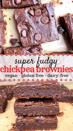 chocolate brownies stacked on top of each other with the words super buddy chickenea brownies vegan gluten free dairy free