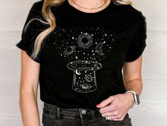 "Space Shirt, Star Galaxy T shirt, Astronomy Shirt, Outdoors Shirt, Crescent Moon, Milky Way, Star Unisex Shirt, Constellation Tshirt, Star Tee 📢Please Check All Photos For Details.   📢Choose Your T-Shirt Size From The Drop-Down Lists Next To The item Picture   📢Choose Of Your T-Shirt Color From The 2nd Picture   📢Use \"Add message to Seller\" link On The Checkout Page To Send me the Following important Details For Your Order's Customization.   📢Shipping Time Varies by location (we are loca Stargirl Outfits, Container Cafe, Nasa Shirt, Star Galaxy, Galaxy T Shirt, Space Outfit, Space Shirts, Sugar Land, Outdoor Shirt