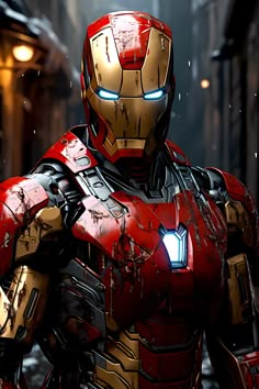 an iron man standing in the rain with his hands on his hips and glowing eyes