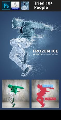 an advertisement for frozen ice is shown in three different colors and sizes, including red, green