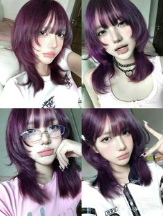 Hair Color Dye Ideas For Brunettes, Purple Hair With Blonde Bangs, Short Hair Kpop Hairstyles, Medium Length Haircut Ideas With Bangs, Y2k Hairstyles Medium Length, Jellyfish Haircut With Curtain Bangs, Cute Hair Reference, White Hair With Purple Highlights, Outfits For Purple Hair