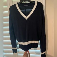 Brand New Never Worn Preppy Black Top For Fall, Preppy Blue V-neck Top, Blue V-neck Preppy Tops, Brandy Melville Sweater, Brandy Melville Sweaters, Blue Sweaters, Brandy Melville, Brandy, Black Blue