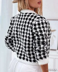 Lasaky - Houndstooth Buttoned Cardigan Buttoned Cardigan, Funnel Neck Sweater, Hem Sweater, Button Front Cardigan, Sweater Collection, Button Cardigan, V Neck Cardigan, Cardigan Fashion, Textured Knit