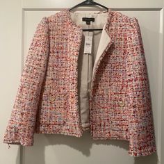 Never Worn. Thread On Sleeve That Can Be Clipped Off. No Flaws! Pink Tweed Jacket For Spring Office Wear, Pink Tailored Tweed Jacket For Fall, Casual Fitted Pink Tweed Jacket, Pink Tweed Office Jacket, Casual Pink Fitted Tweed Jacket, Pink Tweed Jacket For Office, Pink Tweed Jacket For Workwear, Spring Pink Tweed Outerwear, Pink Casual Tweed Jacket For Work