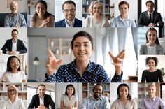 a collage of many people smiling and posing for pictures with their hands in the air