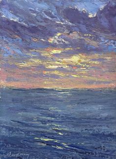 an oil painting of the ocean at sunset with clouds in the sky and blue water