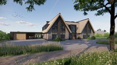 an artist's rendering of a house in the middle of a field with trees and grass