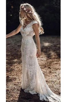 Sheath Cap Sleeve Boho Lace Wedding Dress Rustic Bridal Gown,WW191 Boho Wedding Dress With Sleeves, Wedding Dresses Vintage Bohemian, Sheath Wedding Dress Lace, Unconventional Wedding Dress, Pnina Tornai, Boho Wedding Dress Lace, Rustic Wedding Dresses, Country Wedding Dresses, Affordable Wedding Dresses