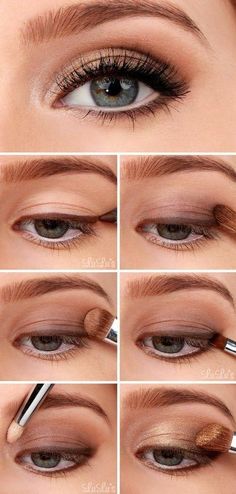 Augen Make Up Anleitung Eye Makeup Without Foundation, Gold Eyeshadow Hooded Eyes, Cocktail Party Makeup Classy, Eyeliner Tutorials, Basic Eye Makeup, Smokey Eyes Tutorial, Simple Eyeshadow Tutorial, Glamorous Wedding Makeup