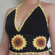 Sunflower Top Made to Order - Etsy Crochet Sunflower Top Pattern Free, Crochet Sunflower Dress, Yellow Summer Crochet Crop Top, Sunflower Crop Top Crochet, Sunflower Tank Top, Crochet Clothes, Sunflower, Crop Tops, Crochet