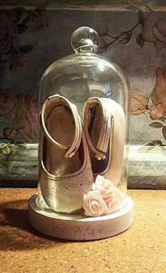 a pair of shoes under a glass clochet