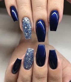 Dark Blue Nail Polish, Dark Nail Designs, Blue And Silver Nails, Blue Nail Color, Silver Nail Designs, Dark Blue Nails, Navy Nails, Blue Glitter Nails, Navy Blue Nails