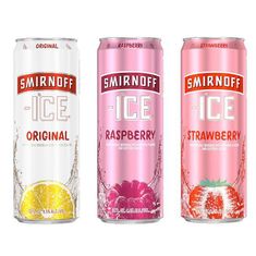 three cans of ice and raspberry soda on a white background with the same color