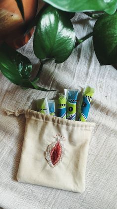 a bag filled with toothbrushes sitting on top of a bed next to a potted plant