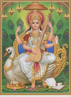 the goddess sitting on top of a peacock with a guitar in her hand and surrounded by other birds