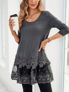 Women Casual Solid Color Lace Panel T-Shirt In Spring/Autumn Grey Casual  Long Sleeve Knitted Fabric Colorblock,Plain  Medium Stretch  Women Clothing, size features are:Bust: ,Length: ,Sleeve Length: Casual Tops With Lace Patchwork For Layering, Gray Tops With Splicing For Fall, Gray Spliced Tops For Fall, Gray Spliced Top For Fall, Gray Patchwork Tops For Fall, Elegant Fall V-neck Tunic, Fall Multicolor V-neck Tunic, Fall V-neck Lagenlook Tops, Plus Size Halloween