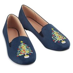 Perfect For The Holidays, These Colorful And Stylish Shoes Feature A Festive Embroidered Christmas Tree Design That Dresses Up Any Holiday Outfit. The Comfortable Flats Have Cushioned Insoles, Skid-Resistant Soles And Plenty Of Seasonal Style. Polyester, Polyurethane And Rubber; Imported. Specify Choose: Navy Or Black. Available In: Women's Sizes: 7, 8, 9, 10, 11 (Half Sizes Order Next Larger Size).