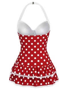 Red 1940s Polka Dots Halter One-Piece Swimsuit | Retro Stage 50s Swimsuit, Retro Stage, Retro Bathing Suits, Vintage Bathing Suits, Outfit Inspired, Retro Swimsuit, The Hollow, Halter One Piece Swimsuit, Standard Dress