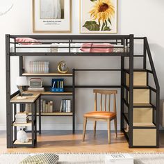 a loft bed with stairs and desk underneath