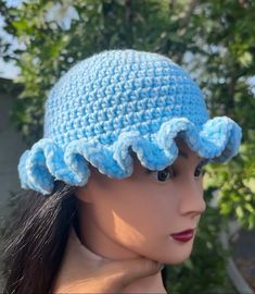 A beautiful and stylish handmade crochet bucket hat with soft velvet frilly brim. This crochet hat is perfect for any weather and any occasion but you'll look extra cute this summer! Blue Crochet Adjustable Bucket Hat, Adjustable Crochet Blue Bucket Hat, Adjustable Blue Crochet Bucket Hat, Blue Crochet Yarn Sun Hat, Blue Crochet Wide Brim Bucket Hat, Blue Hand Knitted Bucket Hat, Blue Hand-knitted Bucket Hat, Blue Crochet Yarn Bucket Hat, Blue Yarn Crochet Bucket Hat