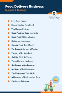 the food delivery business checklist is shown in orange and blue, with an image of a