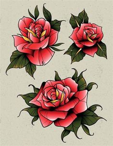 three red roses with green leaves on the side and one pink flower in the middle