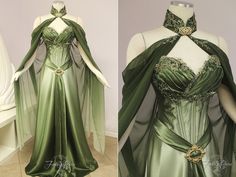 Elven Cape, Silk Charmeuse Dress, Gaun Abad Pertengahan, Charmeuse Dress, Medieval Dress, Green Ombre