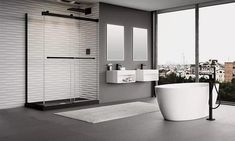 a modern bathroom with a large window overlooking the city