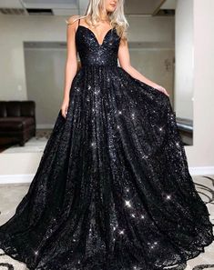 A-Line/Princess Floor-Length V-neck Sequin Sleeveless Sequins Dresses - Princessly Black Sequin Prom Dress, Prom Dresses Sparkly, A Line Evening Dress, Corset Dress Prom, Floor Length Prom Dresses, Prom Dresses Sleeveless, Sequin Prom Dresses, Black Prom, Backless Prom Dresses