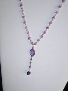 Amethyst lariat necklace set.  Amethyst, pink jade rosery chain 20-22" long, earrings are included. Pink Lariat Jewelry For Gifts, Lavender Stone Jewelry Gift, Dangle Lariat Necklace With Gemstone, Handmade Amethyst Jewelry, Long Drop Necklaces With Natural Stones For Gift, Long Drop Natural Stone Necklaces For Gift, Faceted Amethyst Purple Jewelry, Pink Amethyst Spiritual Jewelry, Faceted Purple Amethyst Jewelry