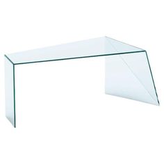 a glass table with a curved design on the top and bottom, against a white background