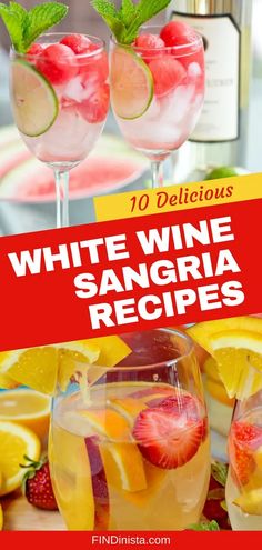 white wine sangria recipe with lemons and strawberries in glasses on a table