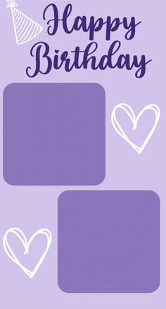 a purple birthday card with hearts and the words happy birthday written in white on it