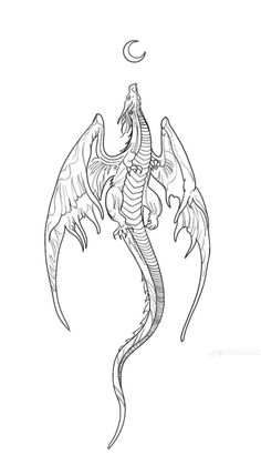 a black and white drawing of a dragon with its tail curled up in the air